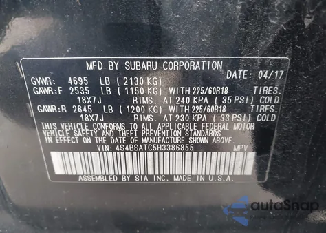 2017 Subaru Outback 2.5I Touring from USA, damaged, VIN 4S4BSATC5H3386855